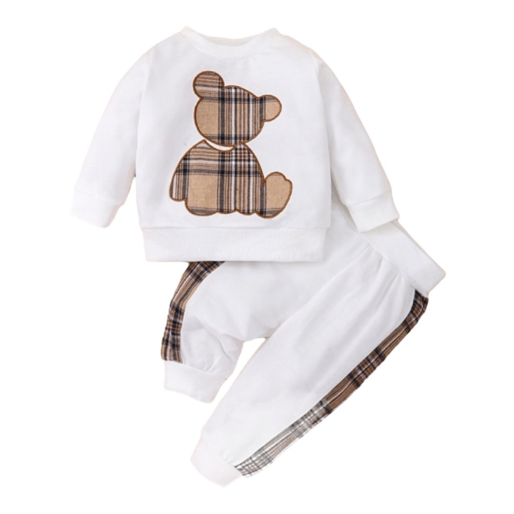 Long Sleeve Plaid Print Bear Embroidered Sweatshirt and Sweatpants Size 6-9 M